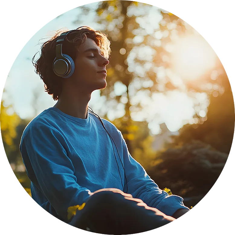 Man listening to headphones in a forest